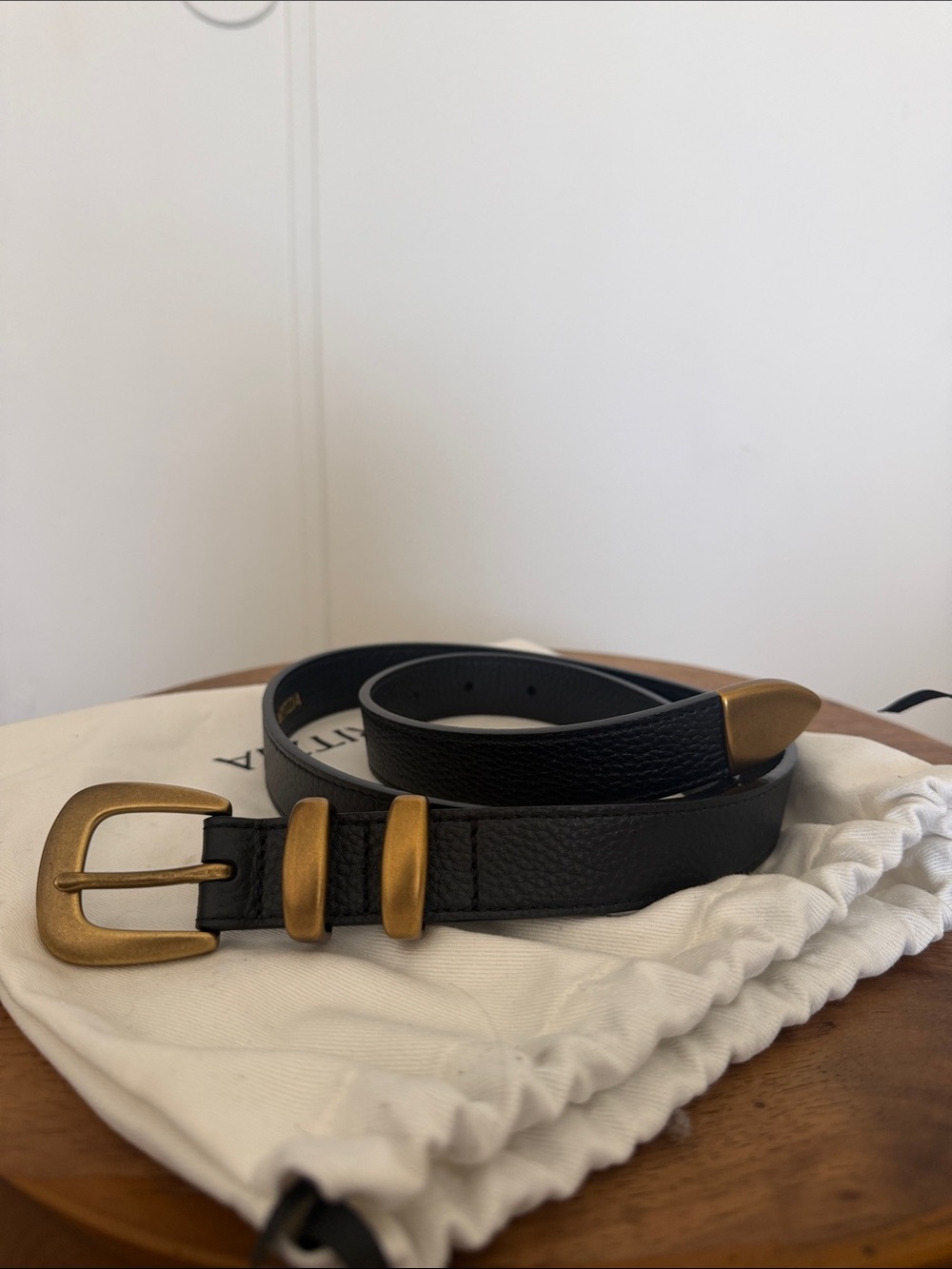 Aritzia Black Leather Belt with Brass Buckle